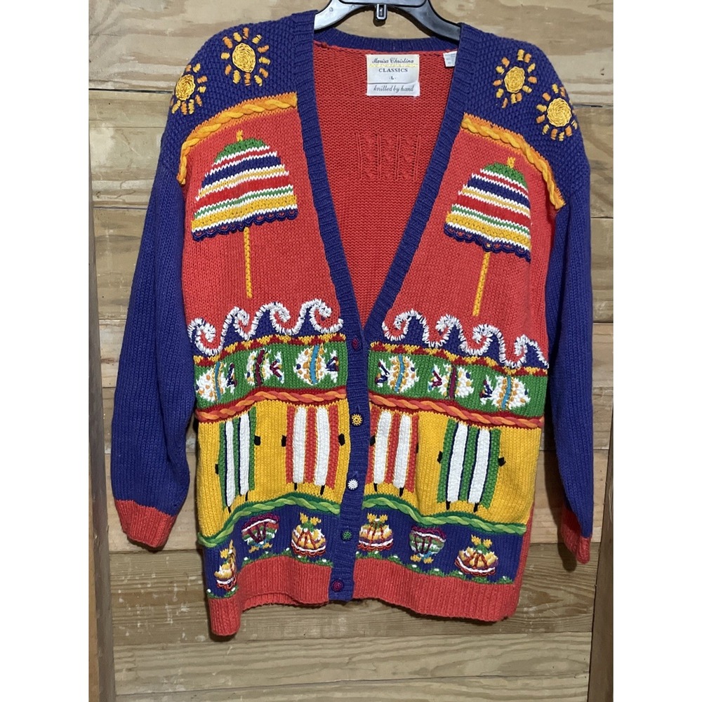 VINTAGE Marisa Christina Classics Fish Beach Cardigan Hand Knitted Large Ocean